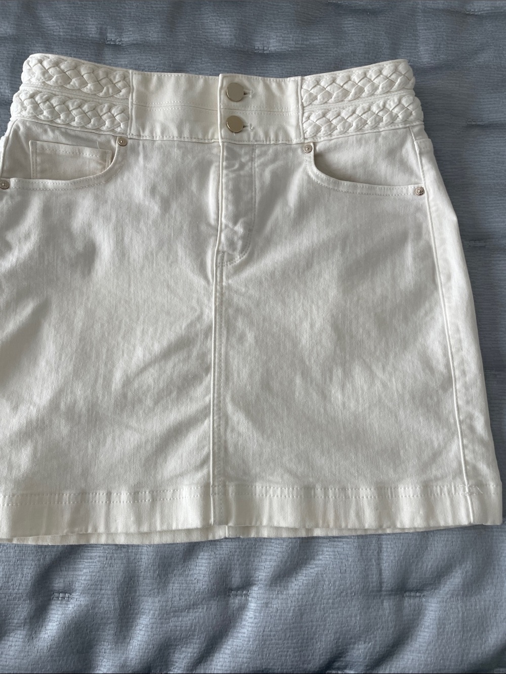 White House Black Market White Braided-Waist Denim Mini Skirt